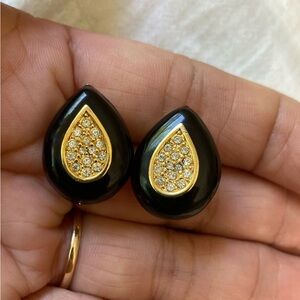 Napier Vintage Screw Back Earrings Black with‎ Rhinestones